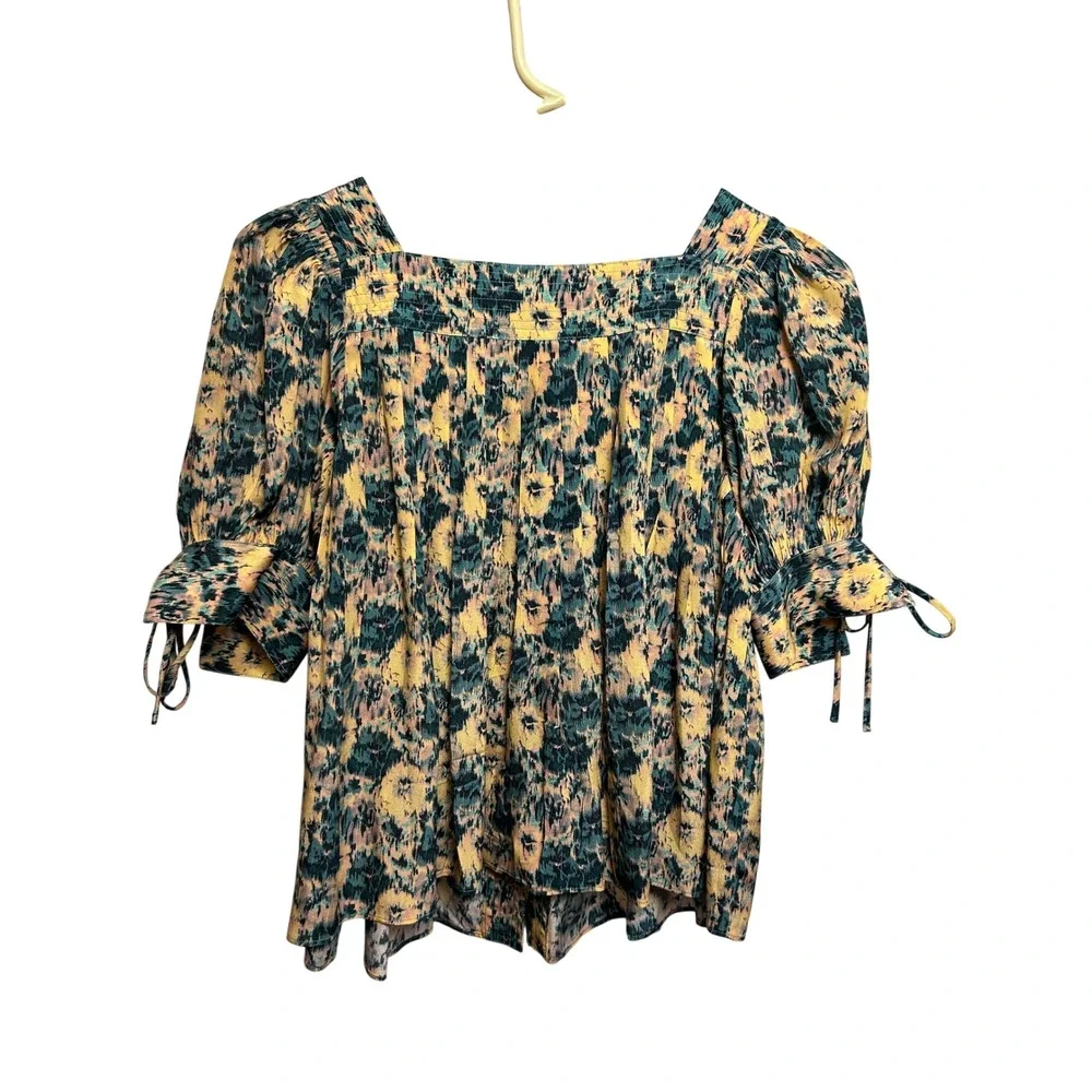 Ulla Johnson Silk Ikat Puff Sleeve Blouse‎ Yellow Teal SS22 Size 0 Feminine